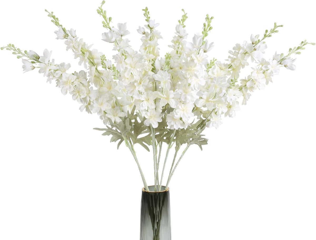 Sylaryn 8PCS White Delphinium Artificial Flowers Larkspur Fake Flowers 33.5in Long Stem Faux Silk Flowers Bulk for Tall Vase for Home Wedding Floral Arrangement Centerpiece Table Decorations (White)