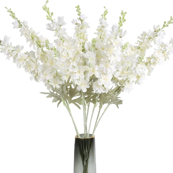 Sylaryn 8PCS White Delphinium Artificial Flowers Larkspur Fake Flowers 33.5in Long Stem Faux Silk Flowers Bulk for Tall Vase for Home Wedding Floral Arrangement Centerpiece Table Decorations (White)