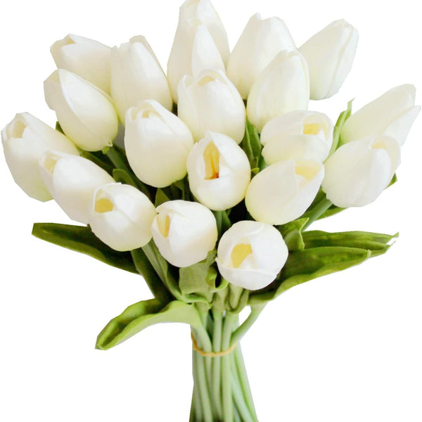 Sylaryn Artificial Tulips 20 Stems White PU Faux Flowers for Valentine's Day and New Year Decorations Wedding Home Decor 13.5 Inch