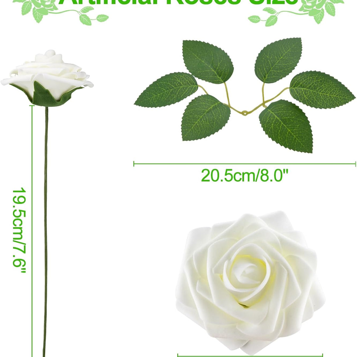 Sylaryn 100 Pcs Artificial Flowers White Roses Bulk with Stem & Green Leaves, Foam Fake Rose Real Looking for DIY Wedding Bouquets Bridal Shower Centerpiece Party Decoration Women Gift