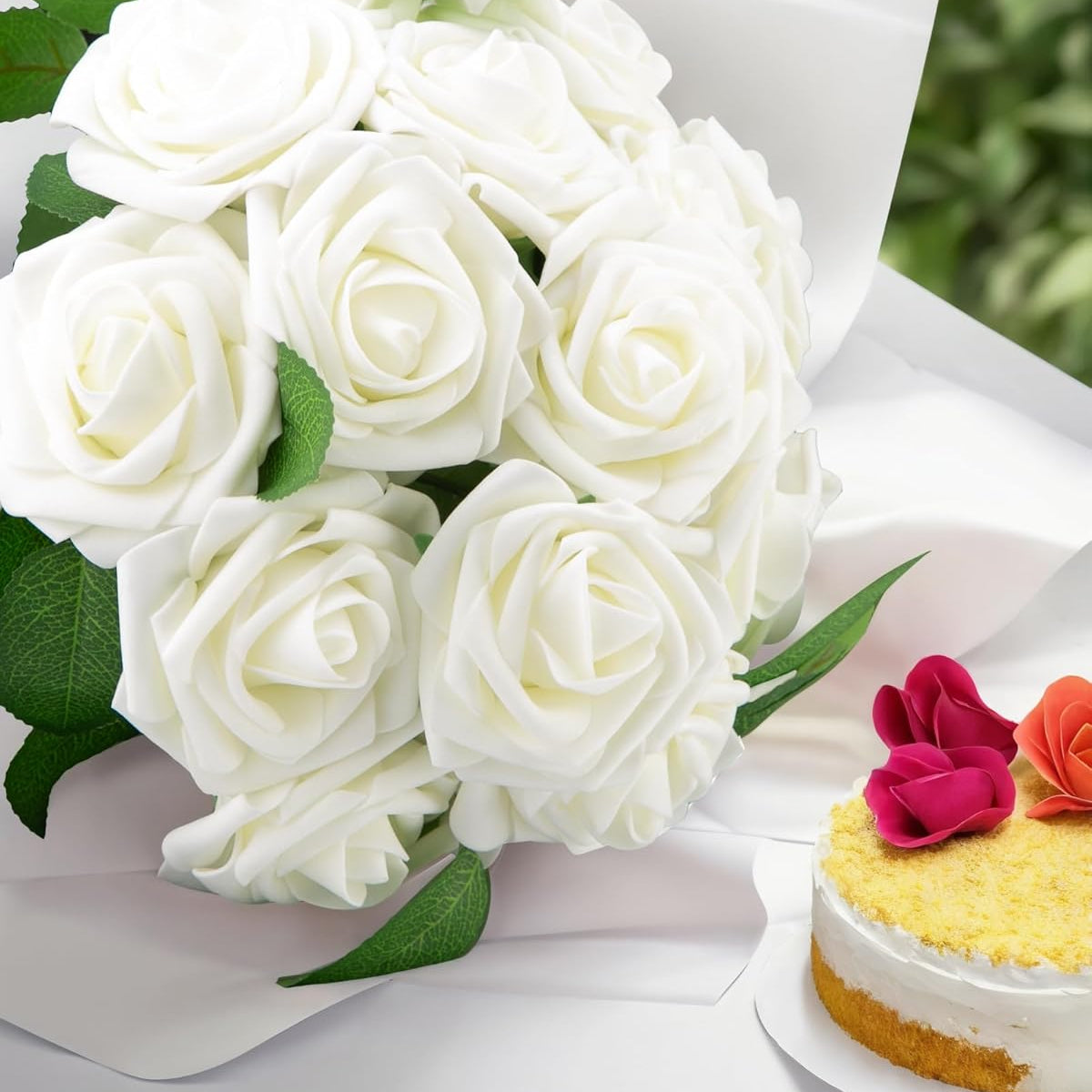 Sylaryn 100 Pcs Artificial Flowers White Roses Bulk with Stem & Green Leaves, Foam Fake Rose Real Looking for DIY Wedding Bouquets Bridal Shower Centerpiece Party Decoration Women Gift