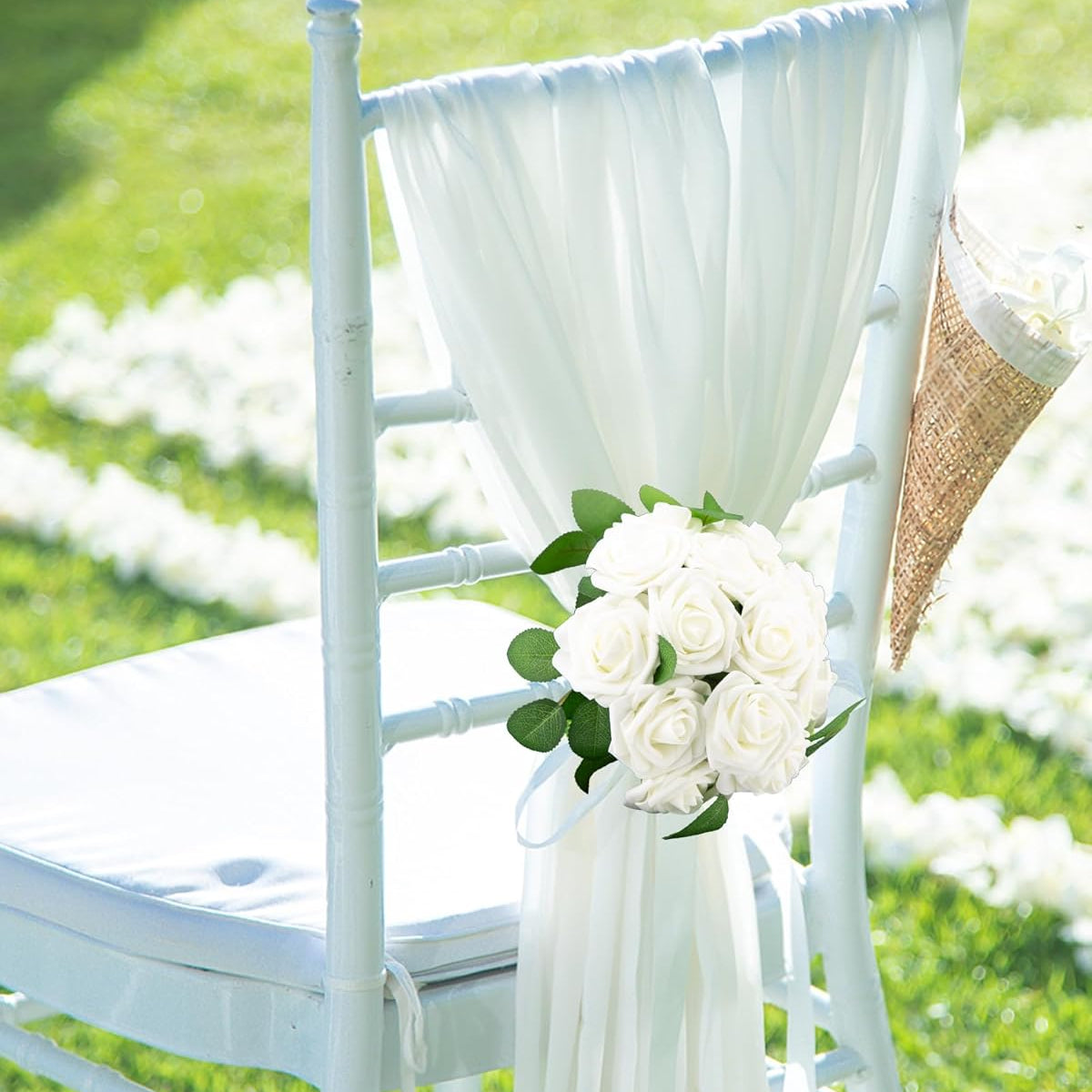 Sylaryn 100 Pcs Artificial Flowers White Roses Bulk with Stem & Green Leaves, Foam Fake Rose Real Looking for DIY Wedding Bouquets Bridal Shower Centerpiece Party Decoration Women Gift