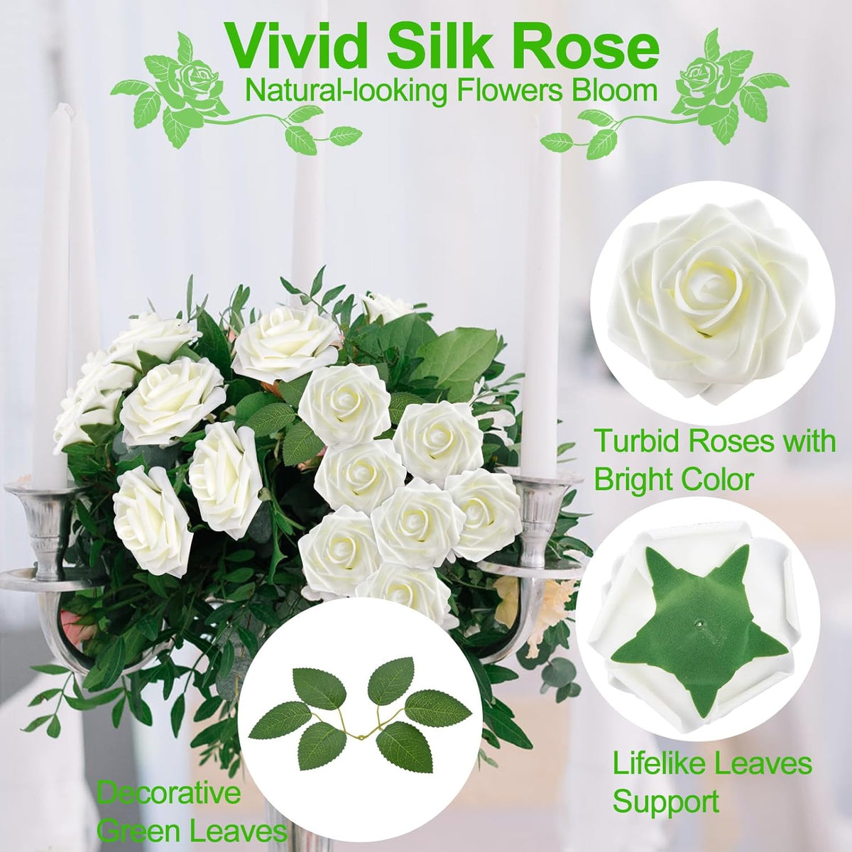 Sylaryn 100 Pcs Artificial Flowers White Roses Bulk with Stem & Green Leaves, Foam Fake Rose Real Looking for DIY Wedding Bouquets Bridal Shower Centerpiece Party Decoration Women Gift