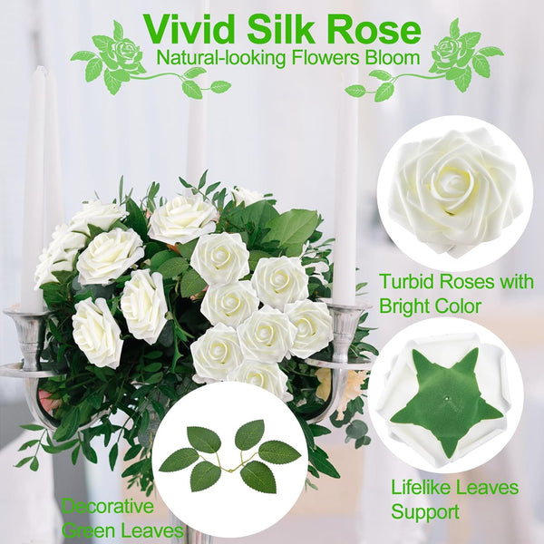 Sylaryn 100 Pcs Artificial Flowers White Roses Bulk with Stem & Green Leaves, Foam Fake Rose Real Looking for DIY Wedding Bouquets Bridal Shower Centerpiece Party Decoration Women Gift