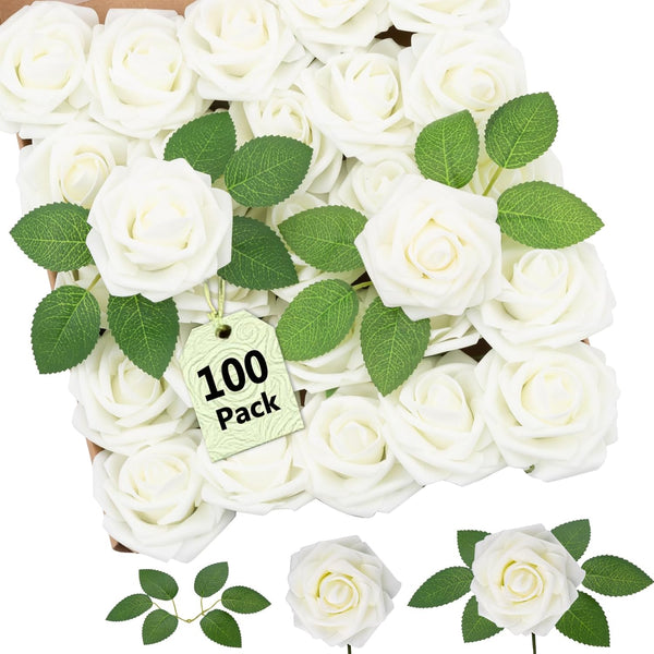 Sylaryn 100 Pcs Artificial Flowers White Roses Bulk with Stem & Green Leaves, Foam Fake Rose Real Looking for DIY Wedding Bouquets Bridal Shower Centerpiece Party Decoration Women Gift