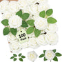 Sylaryn 100 Pcs Artificial Flowers White Roses Bulk with Stem & Green Leaves, Foam Fake Rose Real Looking for DIY Wedding Bouquets Bridal Shower Centerpiece Party Decoration Women Gift