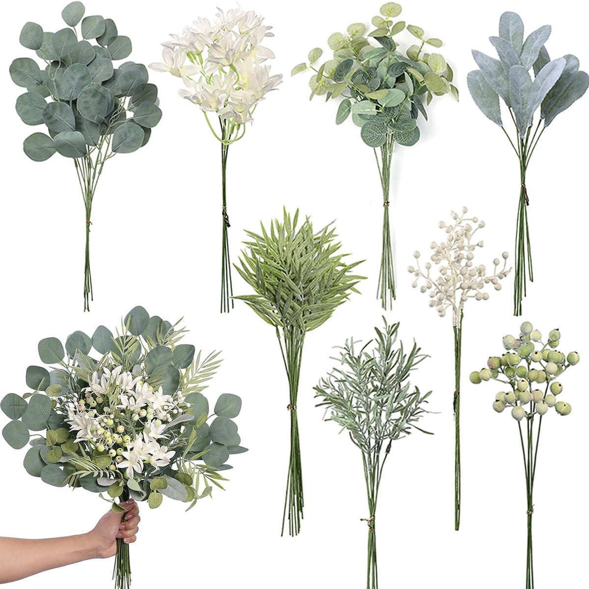 Sylaryn 75 Pcs Artificial Greenery Stems Box Set,with 8 Kinds of Faux Plants and Fake Flowers for DIY Bridal Bouquets Wedding Floral Arrangement Table Centerpieces Decoration (Sage Green)