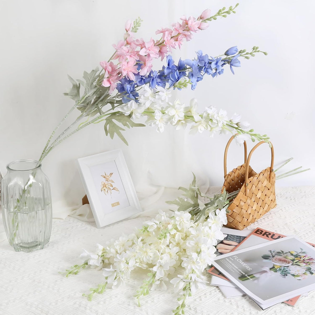 Sylaryn 8PCS White Delphinium Artificial Flowers Larkspur Fake Flowers 33.5in Long Stem Faux Silk Flowers Bulk for Tall Vase for Home Wedding Floral Arrangement Centerpiece Table Decorations (White)