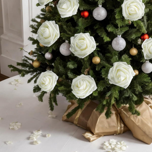 Sylaryn 100 Pcs Artificial Flowers White Roses Bulk with Stem & Green Leaves, Foam Fake Rose Real Looking for DIY Wedding Bouquets Bridal Shower Centerpiece Party Decoration Women Gift