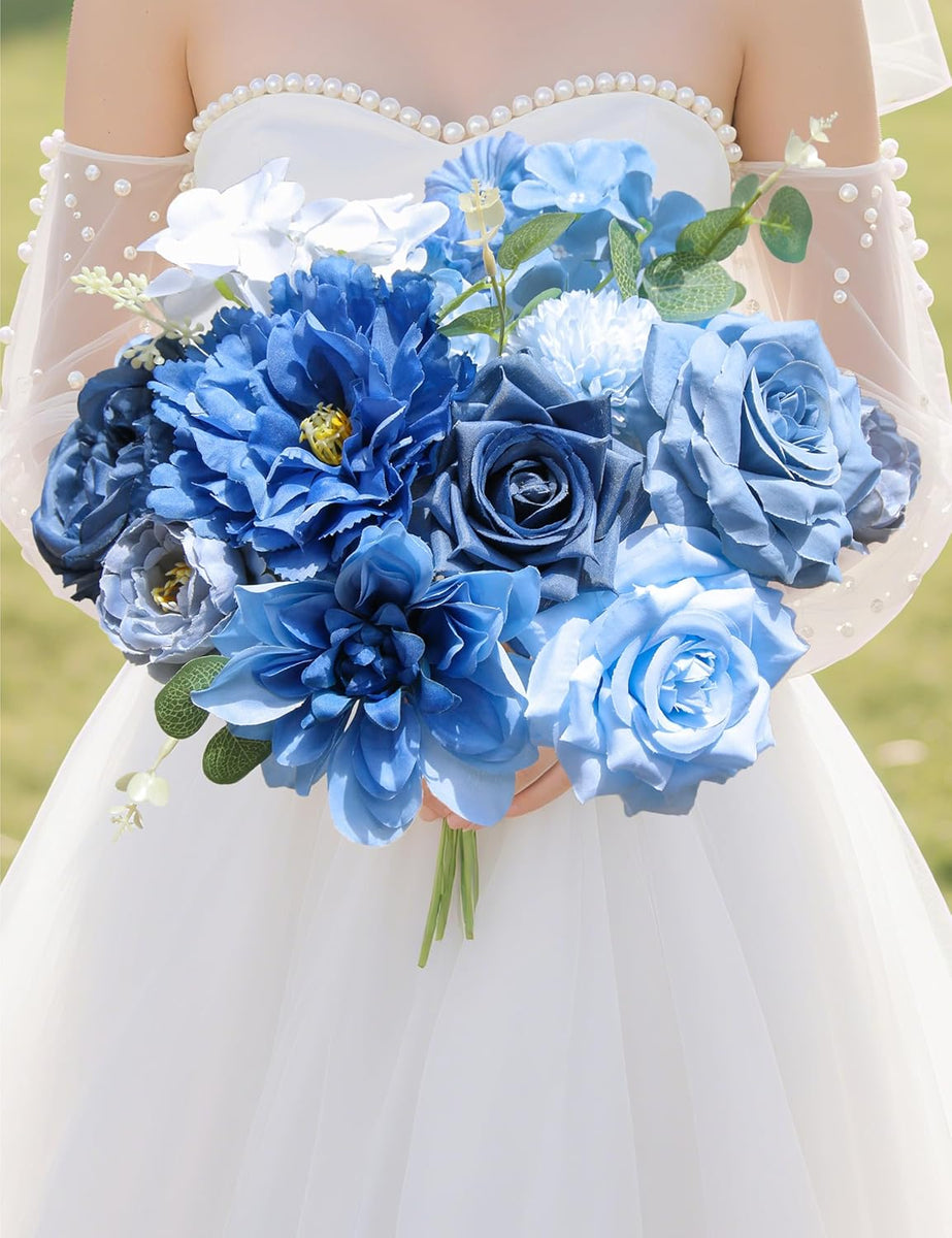 Sylaryn Artificial Flowers for Home Decorations: Blue Silk Fake Flowers Bulk Boxed Set, Peony Roses Bouquets with Stems for Table Centerpiece, DIY Wedding, Bridal Shower, Graduation Cap & Tea Party