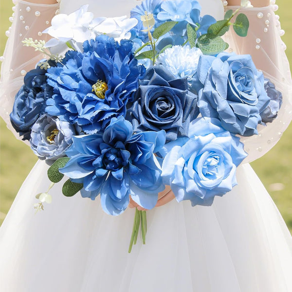 Sylaryn Artificial Flowers for Home Decorations: Blue Silk Fake Flowers Bulk Boxed Set, Peony Roses Bouquets with Stems for Table Centerpiece, DIY Wedding, Bridal Shower, Graduation Cap & Tea Party