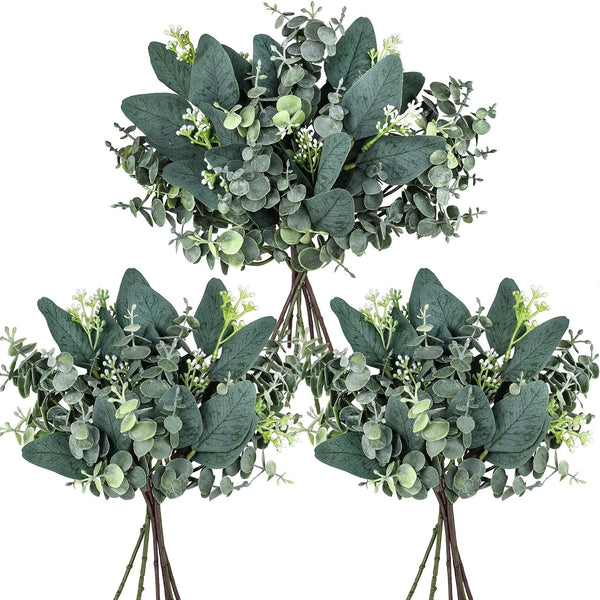 Sylaryn 20 Pcs Mixed Artificial Oval Eucalyptus Leaves Bulk with White Seeds Stems and Spray for Vase Floral Wreath Bouquets Wedding Greenery Decoration