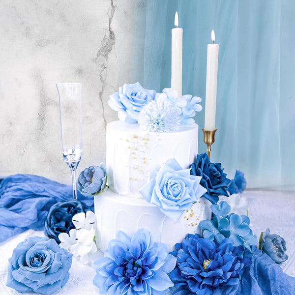 Sylaryn Artificial Flowers for Home Decorations: Blue Silk Fake Flowers Bulk Boxed Set, Peony Roses Bouquets with Stems for Table Centerpiece, DIY Wedding, Bridal Shower, Graduation Cap & Tea Party