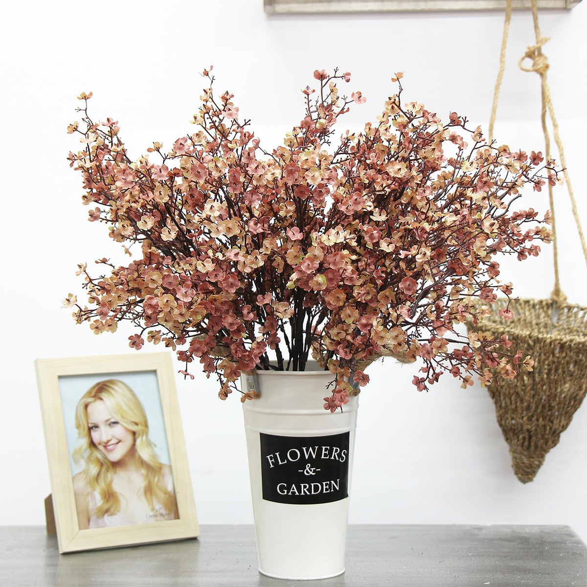 Sylaryn-Global Babys Breath Silk Artificial Flowers 6 Bundle European Fake Flowers Decor Wedding Party Fall Stems Decoration Bouquets DIY Home Garden,Farmhouse,Living Room Decor (Beige Brown-6pcs)