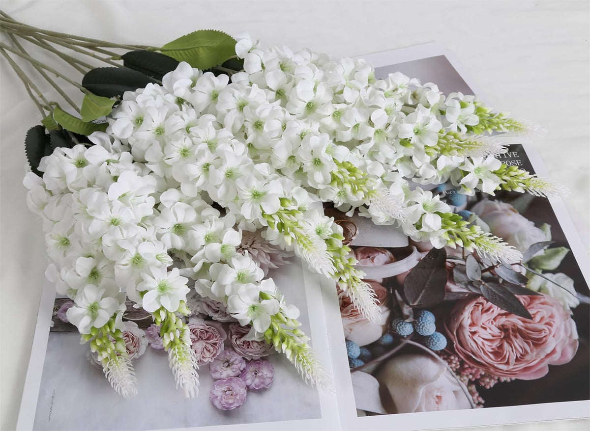 Sylaryn 8PCS White Snapdragon Artificial Flowers Delphinium Artificial Silk Flowers Long Stem Hyacinth Fake Flowers for Wedding Home Outdoor Party Floral Arrangement Centerpiece Table Decoration (White)