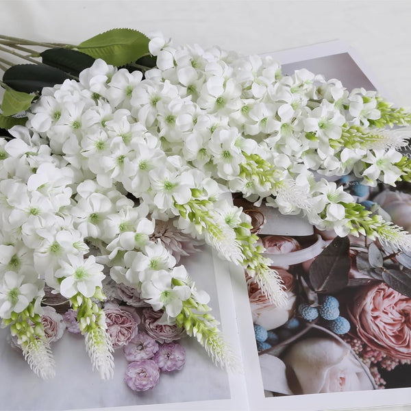 Sylaryn 8PCS White Snapdragon Artificial Flowers Delphinium Artificial Silk Flowers Long Stem Hyacinth Fake Flowers for Wedding Home Outdoor Party Floral Arrangement Centerpiece Table Decoration (White)