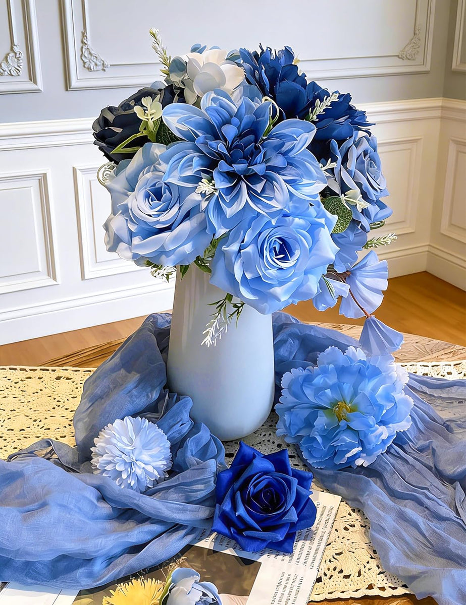 Sylaryn Artificial Flowers for Home Decorations: Blue Silk Fake Flowers Bulk Boxed Set, Peony Roses Bouquets with Stems for Table Centerpiece, DIY Wedding, Bridal Shower, Graduation Cap & Tea Party