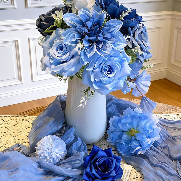 Sylaryn Artificial Flowers for Home Decorations: Blue Silk Fake Flowers Bulk Boxed Set, Peony Roses Bouquets with Stems for Table Centerpiece, DIY Wedding, Bridal Shower, Graduation Cap & Tea Party