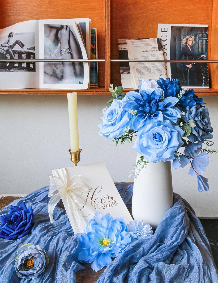 Sylaryn Artificial Flowers for Home Decorations: Blue Silk Fake Flowers Bulk Boxed Set, Peony Roses Bouquets with Stems for Table Centerpiece, DIY Wedding, Bridal Shower, Graduation Cap & Tea Party