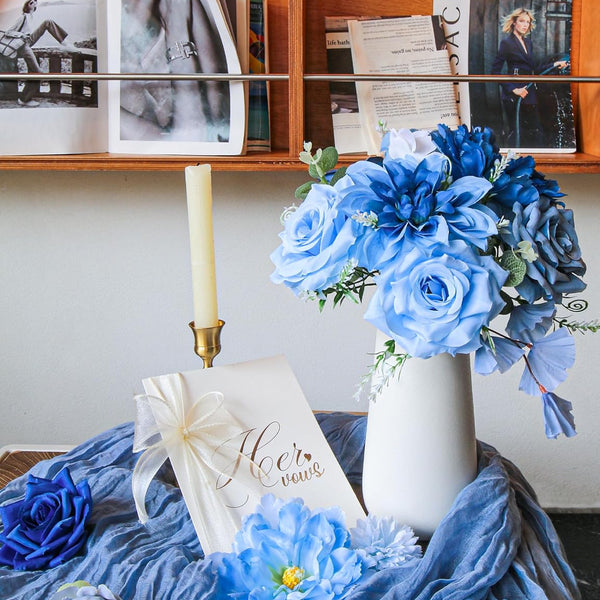 Sylaryn Artificial Flowers for Home Decorations: Blue Silk Fake Flowers Bulk Boxed Set, Peony Roses Bouquets with Stems for Table Centerpiece, DIY Wedding, Bridal Shower, Graduation Cap & Tea Party