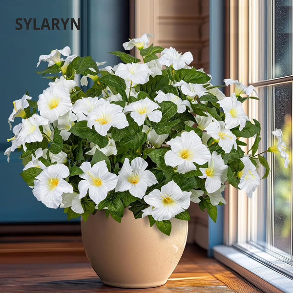SYLARYN 19 Inch Artificial Fake Flowers for Outdoor,4 Pcs Faux Silk Petunias Spring Flowers for Outside for Indoor Porch Planter Front Door Garden Patio Window Box Home Decor(White)